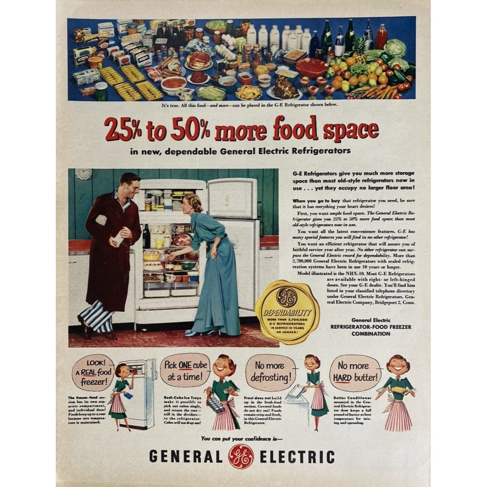 General Electric Refrigerators "25-50% more food space" Vintage Print Ad 1951